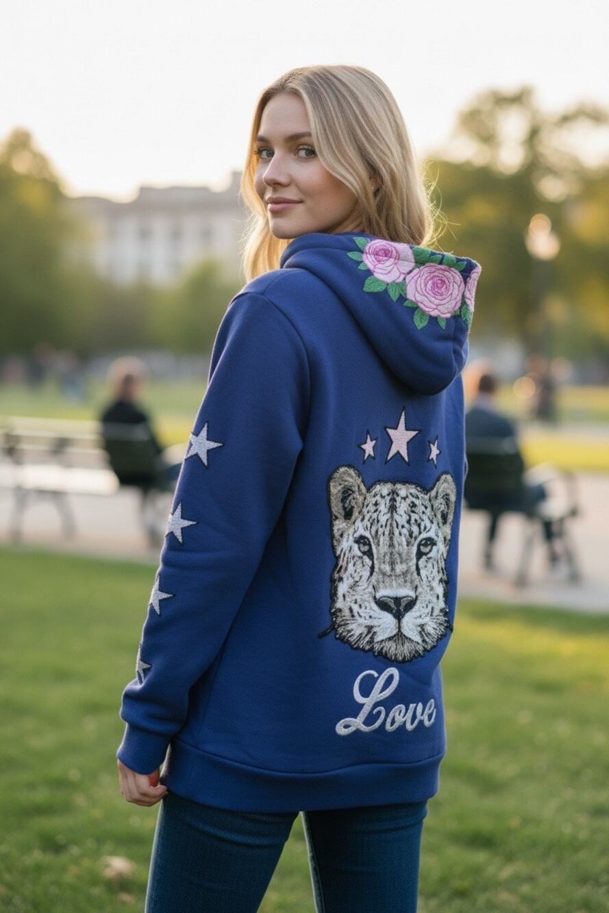 Chaser Embroidered Zip Front Tiger Floral Hoodie Size M New
